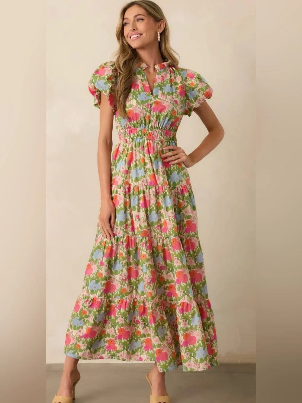 entro Floral Puff-Sleeve Tiered Maxi Dress in Pink, Green & Blue - Picture 1 of 4